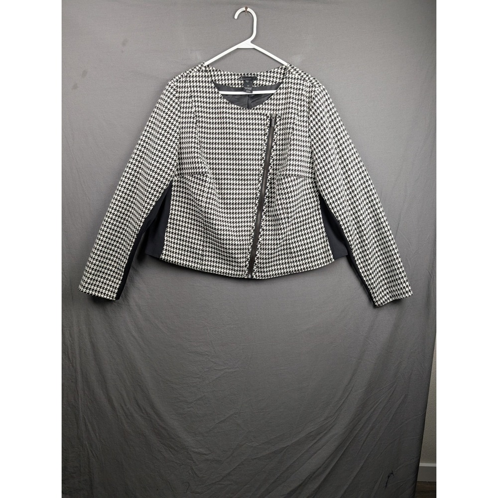 Lane Bryant Houndstooth Asymmetrical Zip Blazer Jacket Black White Size 20